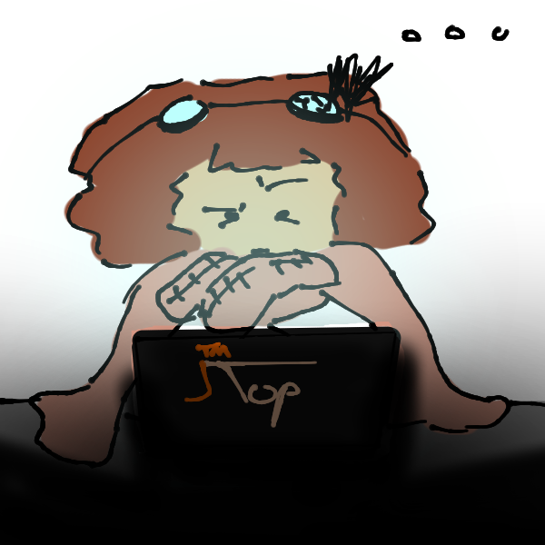 Jet at a laptop in the dark, thinking.